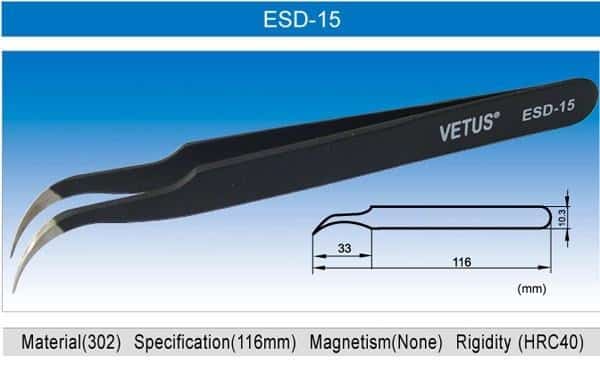 Vetus Pro ESD Safe Fine Tip Curved Tweezers - ESD-15 - AVS